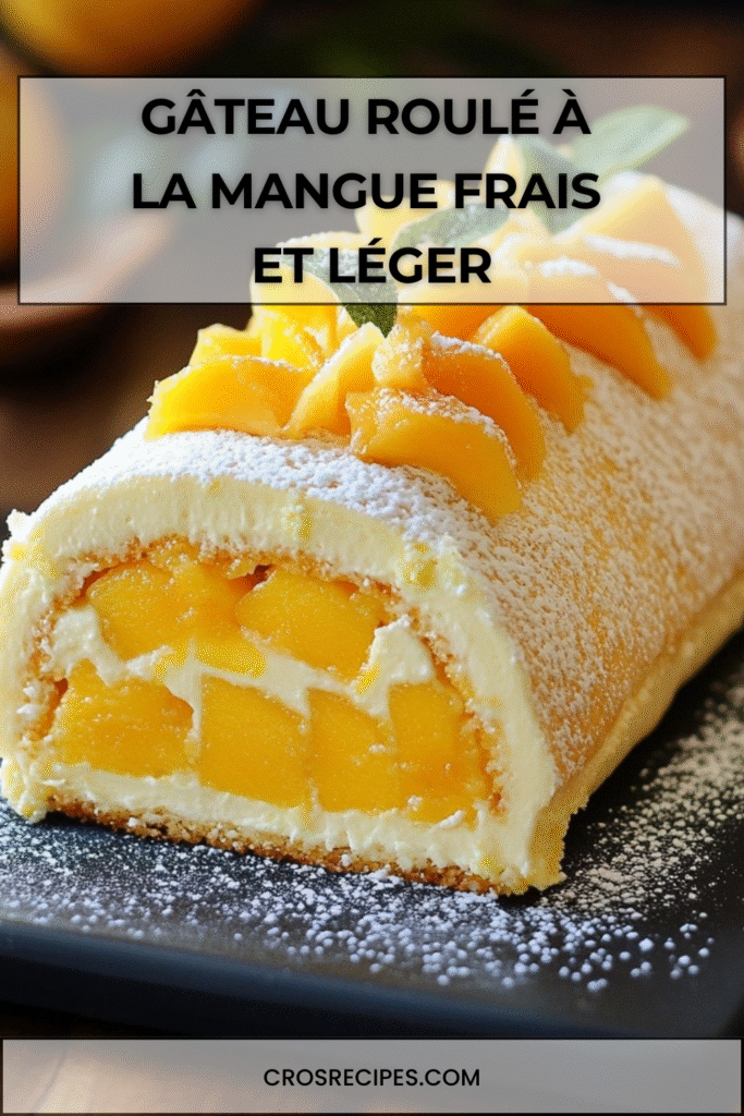 Gâteau roulé à la mangue garni de crème légère et décoré de morceaux de mangue fraîche.