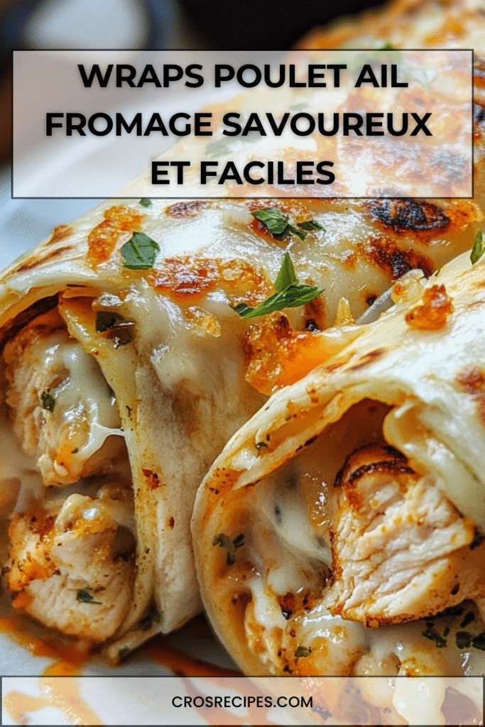 Wraps poulet à l’ail, fromage fondu et crème, croustillants coupés en deux avec garniture fondante visible.
