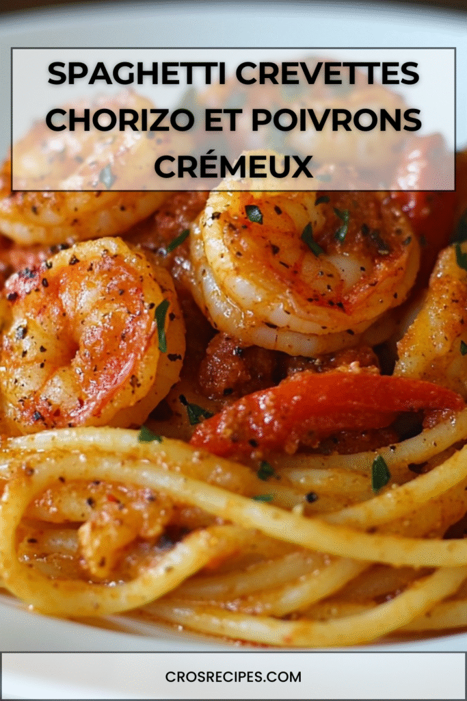 Assiette de spaghetti crémeux avec crevettes, chorizo et poivrons colorés, garnie de persil frais.