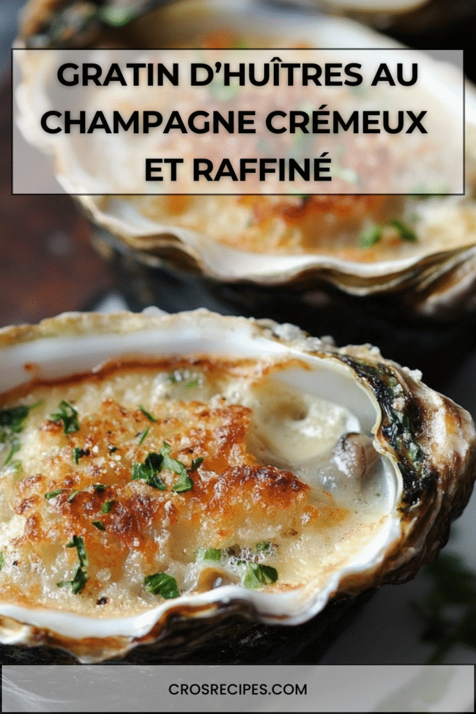 Gratin d’huîtres au champagne dans leurs coquilles avec chapelure dorée et herbes fraîches.