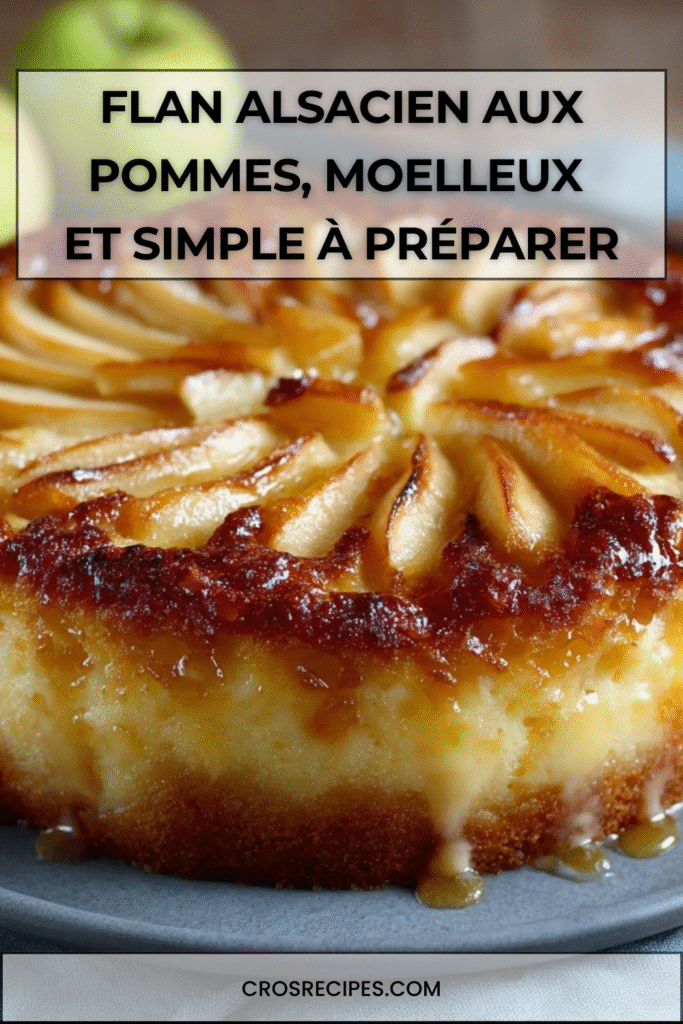 Flan alsacien aux pommes doré et moelleux dans un moule rond, avec tranches de pommes visibles.