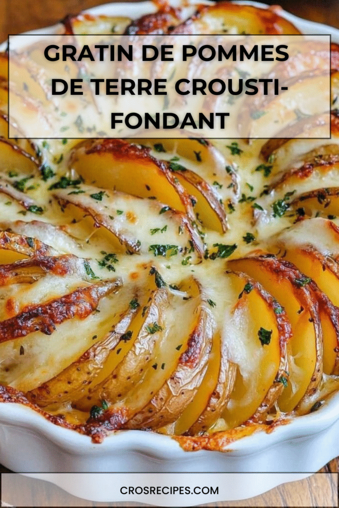 Gratin de pommes de terre crousti-fondant dans un plat rond, avec tranches verticales dorées et fromage gratiné.