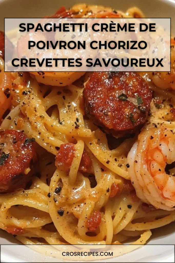 Assiette de spaghetti enrobés de crème de poivron avec chorizo doré et crevettes rosées, présentée sur une assiette blanche.