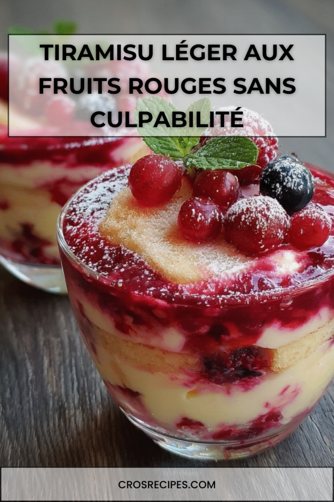 Verrines de tiramisu léger aux fruits rouges avec couches de biscuits, crème blanche et fruits frais.