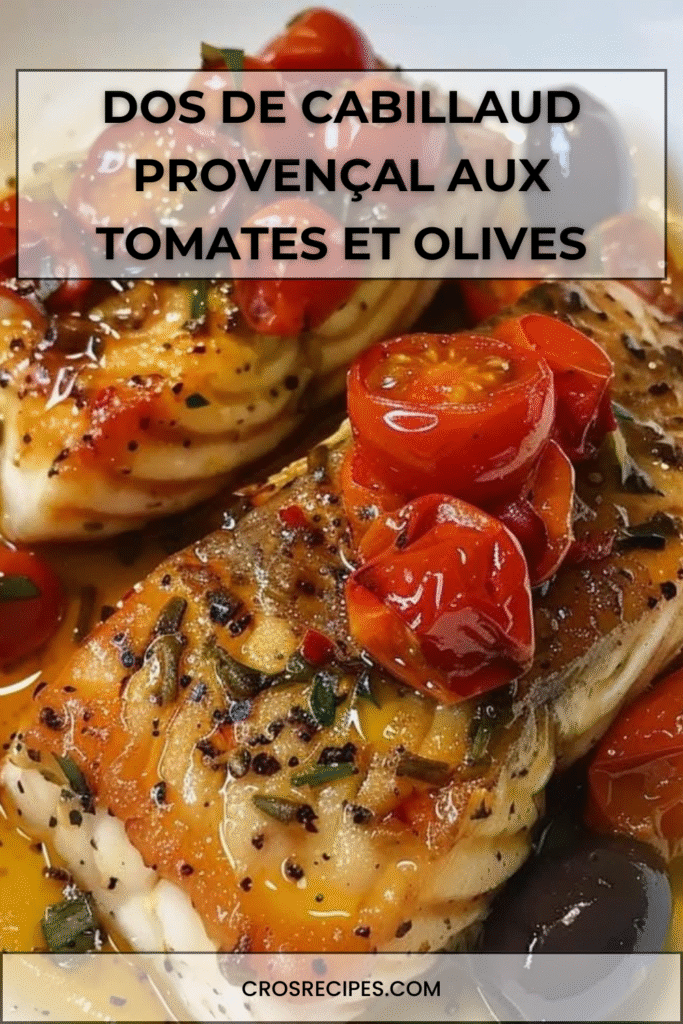 Dos de cabillaud cuit au four avec tomates cerises, olives noires, ail et herbes de Provence.