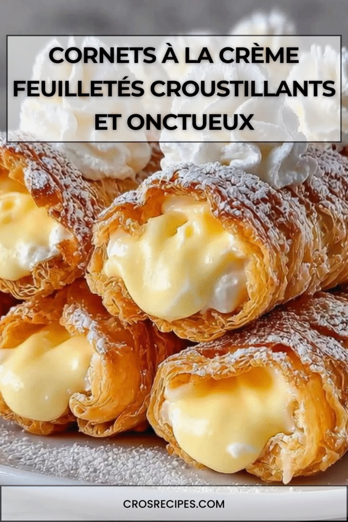 Cornets feuilletés dorés et croustillants garnis de crème diplomate légère et saupoudrés de sucre en poudre.