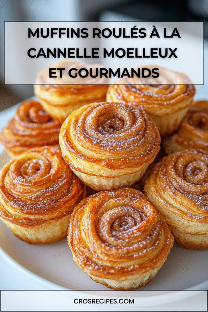 Muffins roulés à la cannelle dorés avec spirale visible et glaçage sucré coulant légèrement.