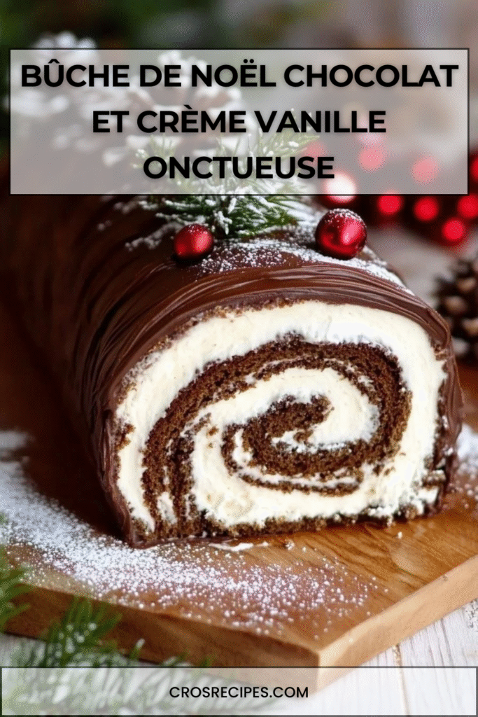 Bûche de Noël roulée au chocolat garnie de crème vanille et recouverte d’une ganache brillante décorée façon écorce.