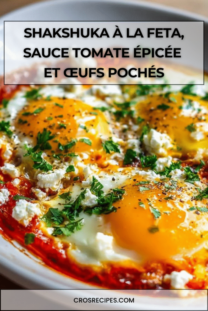 Shakshuka maison avec œufs pochés, sauce tomate épicée, feta émiettée et herbes fraîches dans une poêle en fonte.