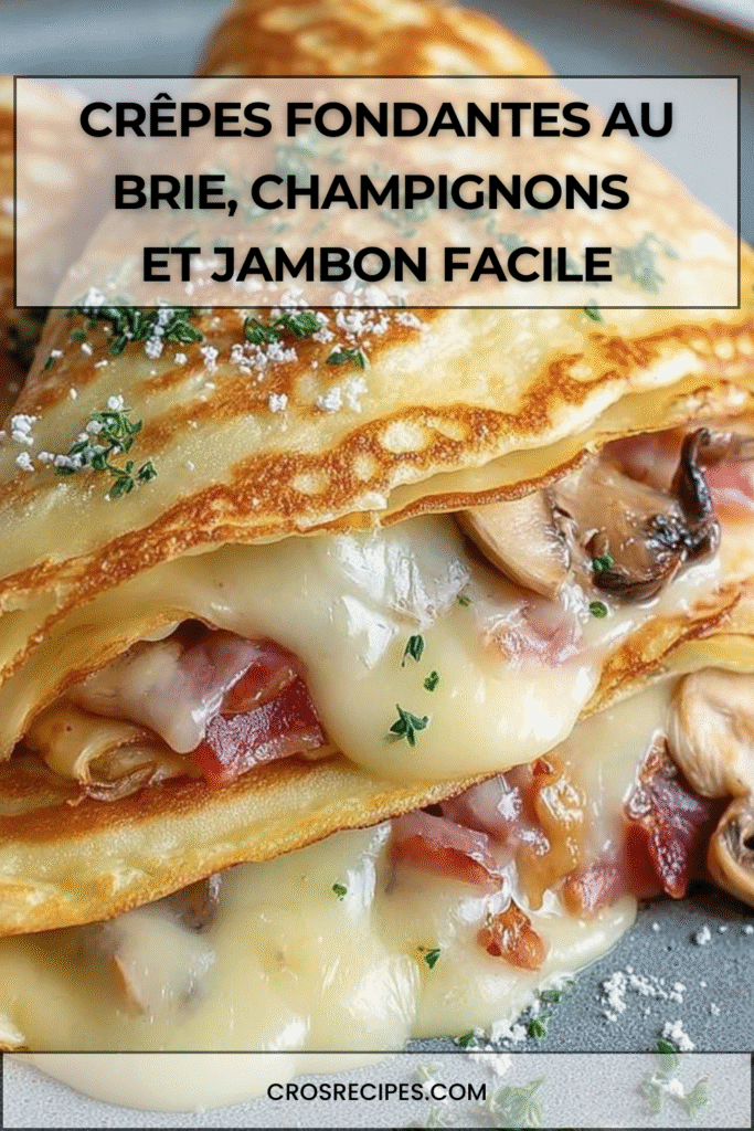 Crêpes garnie de brie fondant, champignons poêlés et jambon, pliée et servie avec persil frais.