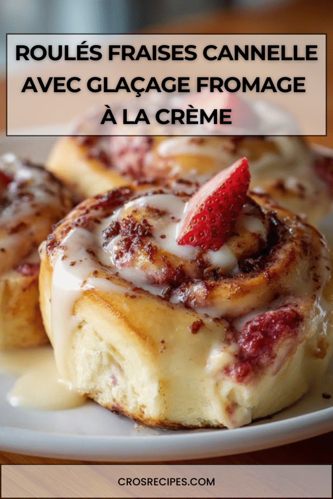 Roulés à la cannelle garnis de fraises fraîches avec glaçage au fromage à la crème coulant sur le dessus.
