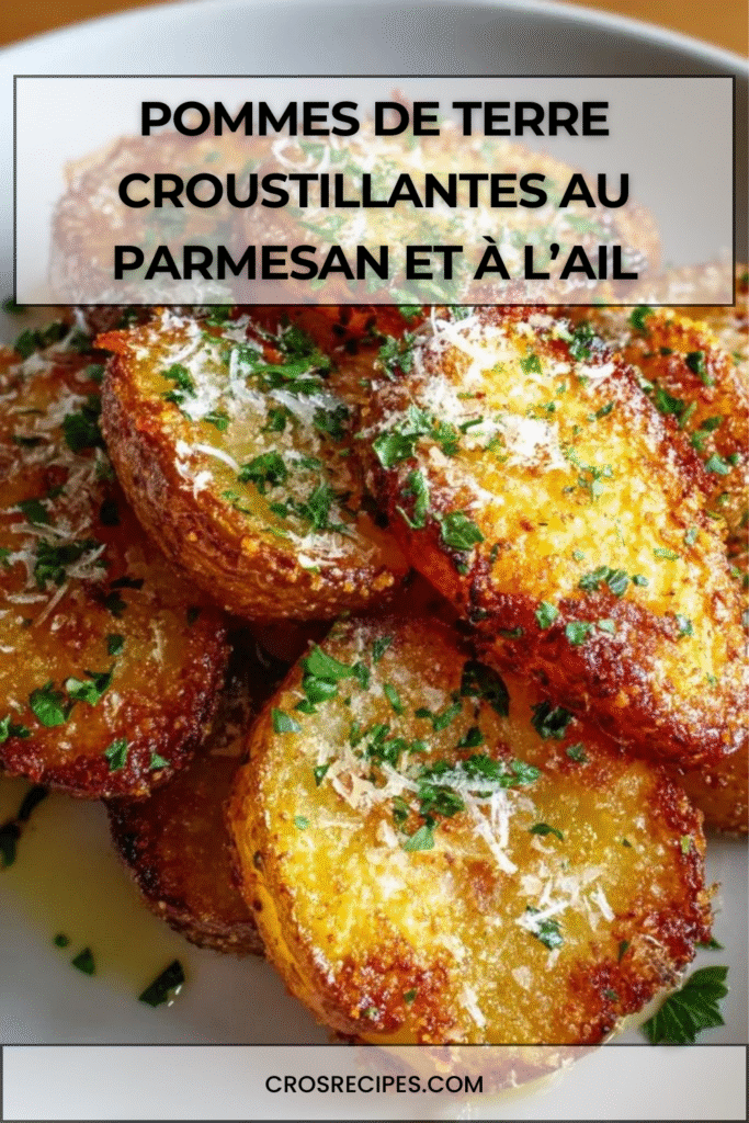 Pommes de terre croustillantes au four recouvertes de parmesan et d’ail, dorées et servies avec persil frais.
