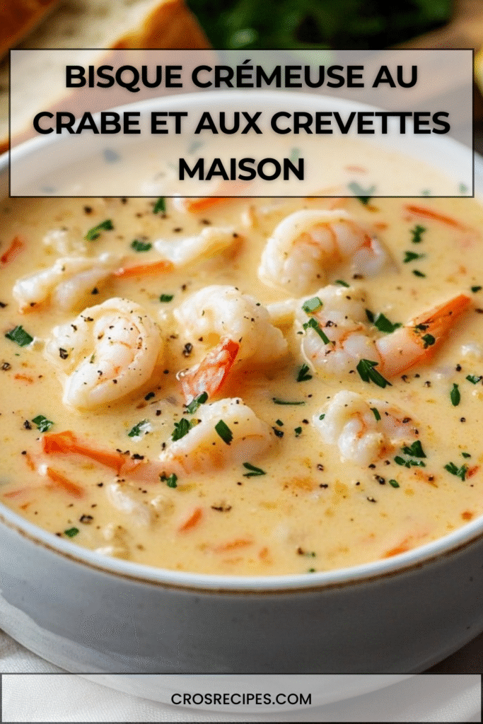Bol de bisque crémeuse aux fruits de mer avec crabe, crevettes et herbes fraîches.