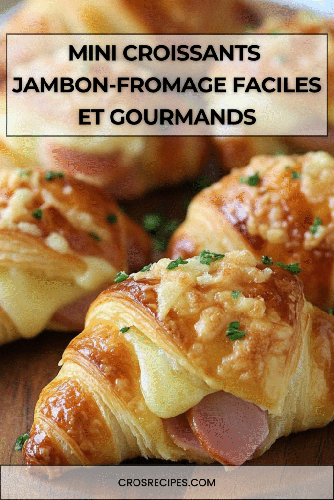 Mini croissants feuilletés dorés garnis de jambon et fromage fondant, prêts à servir.