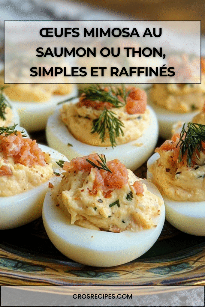 Œufs mimosa garnis au saumon ou thon, décorés d’herbes fraîches et paprika.