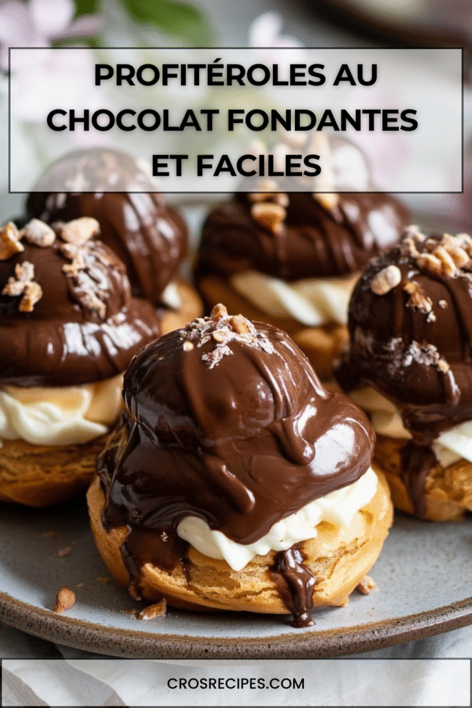 Profitéroles garnies de glace vanille, nappées de sauce chocolat brillante.