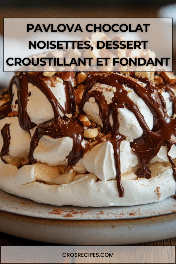 Pavlova au chocolat garnie de crème fouettée, noisettes caramélisées et copeaux de chocolat.