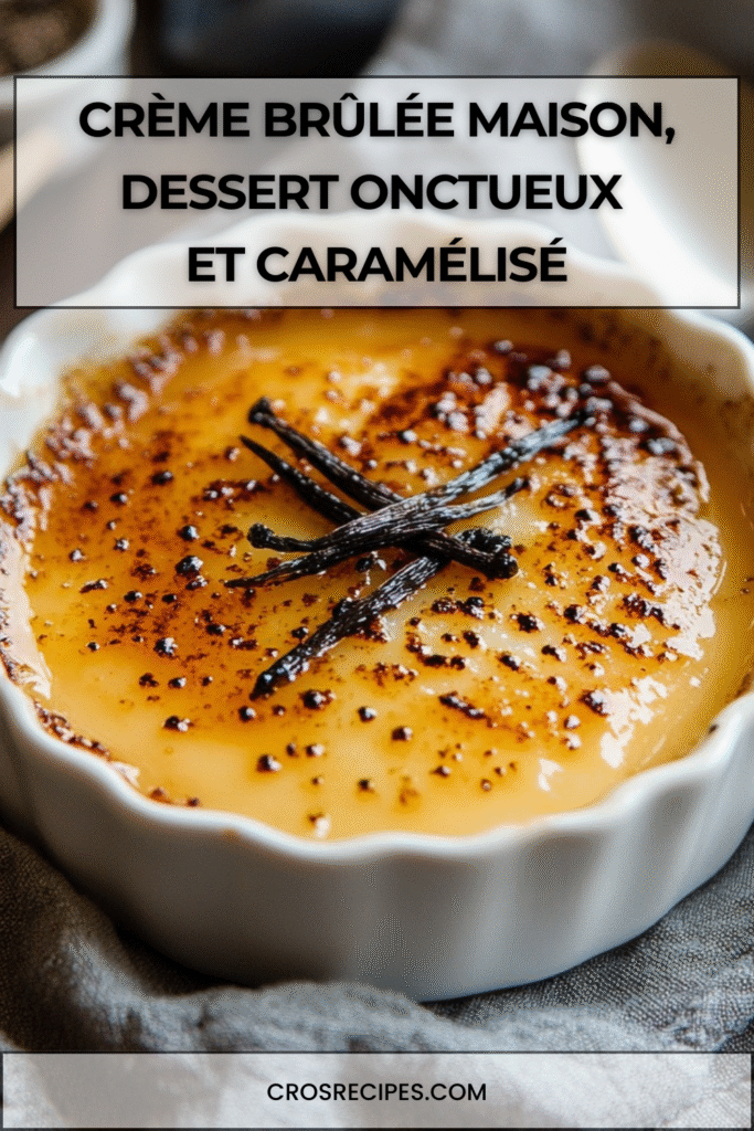 Crème brûlée maison dorée avec croûte caramélisée et texture crémeuse en ramequin.