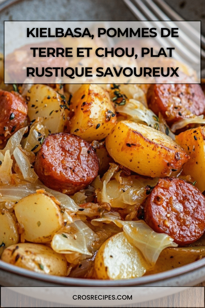 Poêlée de kielbasa dorée avec pommes de terre et chou émincé dans une cocotte en fonte.