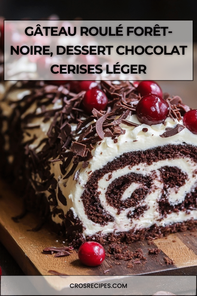 Gâteau roulé Forêt-Noire au cacao garni de chantilly et de cerises, décoré de copeaux de chocolat.