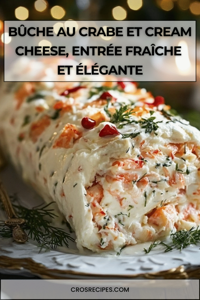 Bûche au crabe et cream cheese décorée d’herbes fraîches et de citron en tranches.