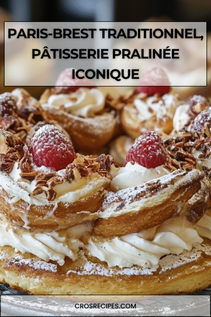 Paris-Brest traditionnel garni de crème mousseline pralinée et décoré d’amandes effilées.