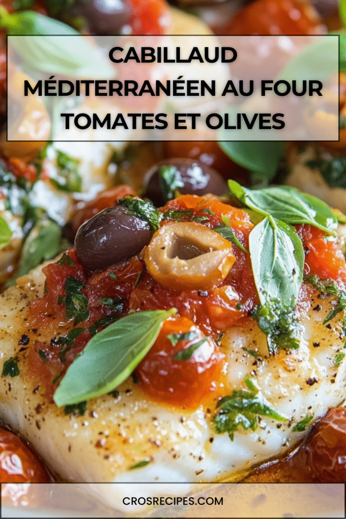 Filets de cabillaud cuits au four avec tomates cerises et olives, baignés d’huile d’olive et d’herbes méditerranéennes.