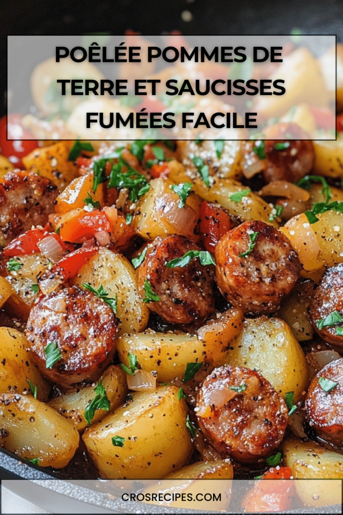 Poêlée rustique de pommes de terre dorées et saucisses fumées avec oignons et poivrons.