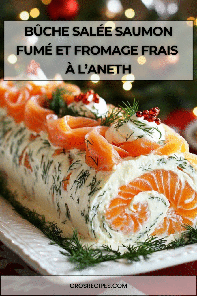 Bûche salée roulée au saumon fumé garnie de fromage frais à l’aneth, présentée sur un plat décoré de citron et herbes.