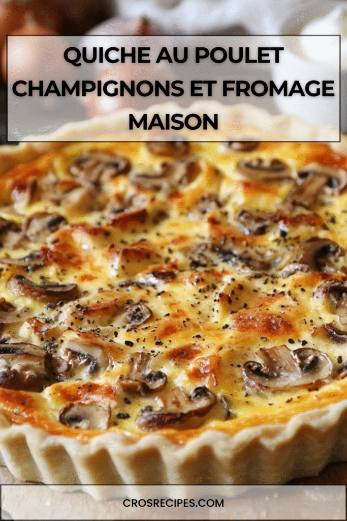 Quiche au poulet dorée, champignons et fromage dans un moule à tarte.