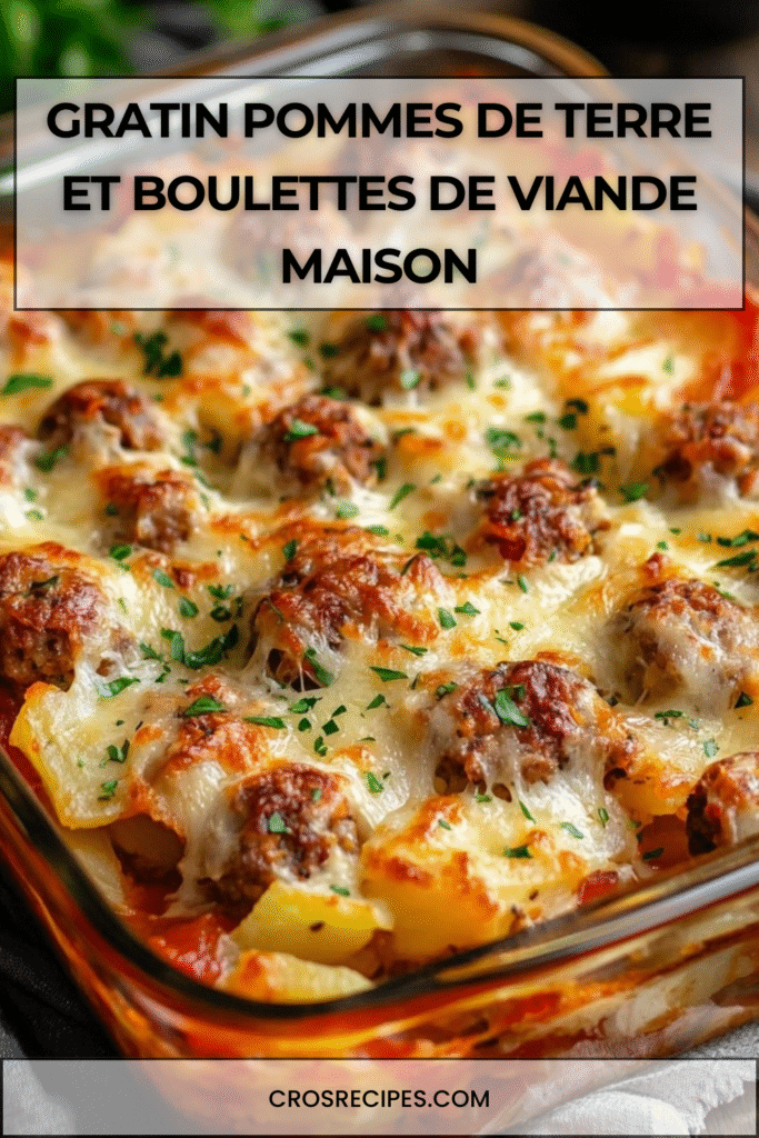 Gratin doré de pommes de terre et boulettes de viande dans un plat familial.