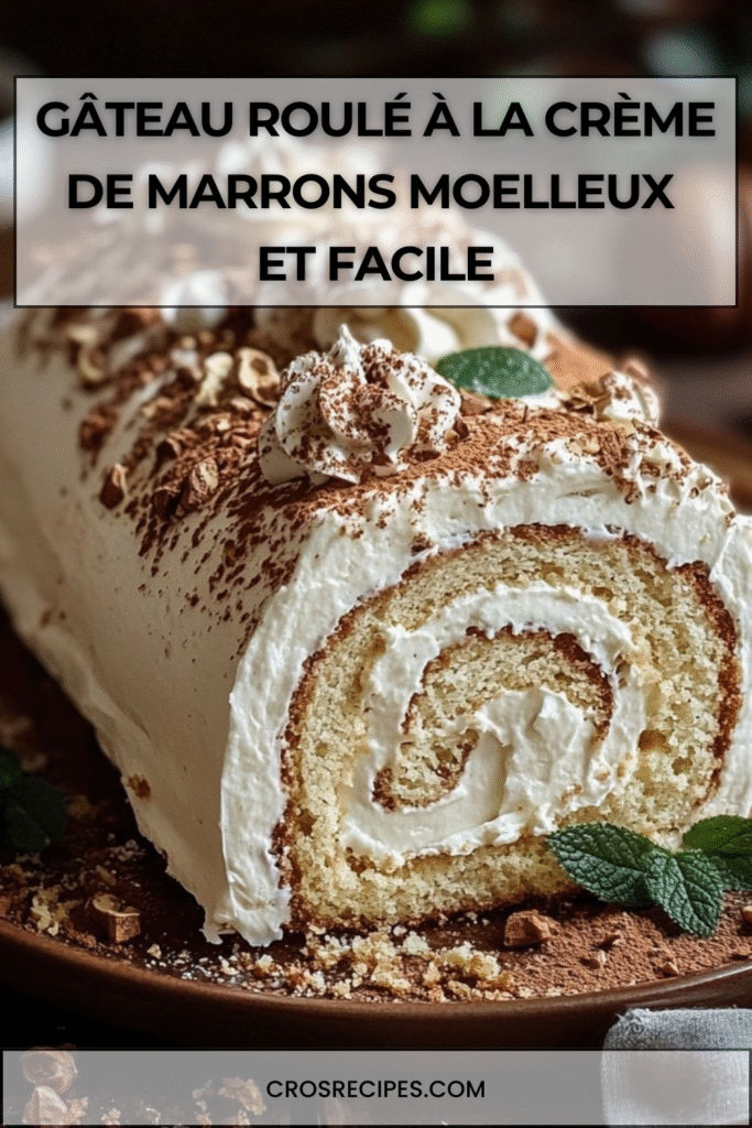 Gâteau roulé à la crème de marrons décoré de sucre glace et morceaux de marrons glacés.