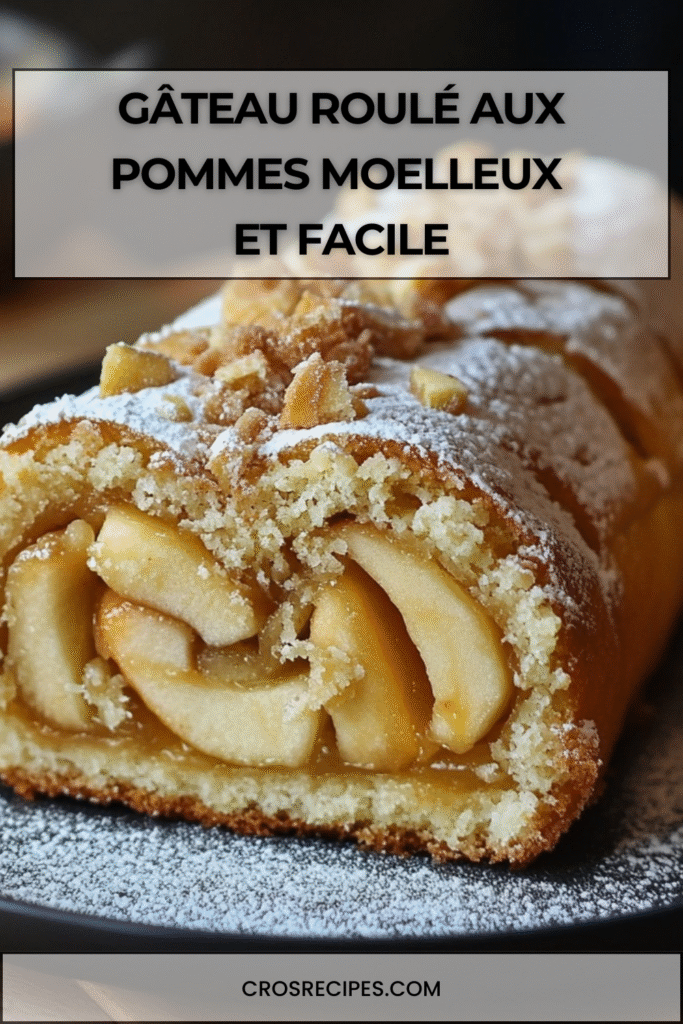 Gâteau roulé aux pommes garni de pommes caramélisées et saupoudré de sucre glace.