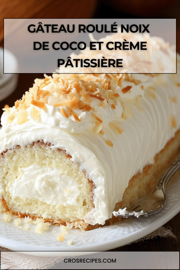 Gâteau roulé à la noix de coco garni de crème pâtissière, saupoudré de noix de coco râpée.