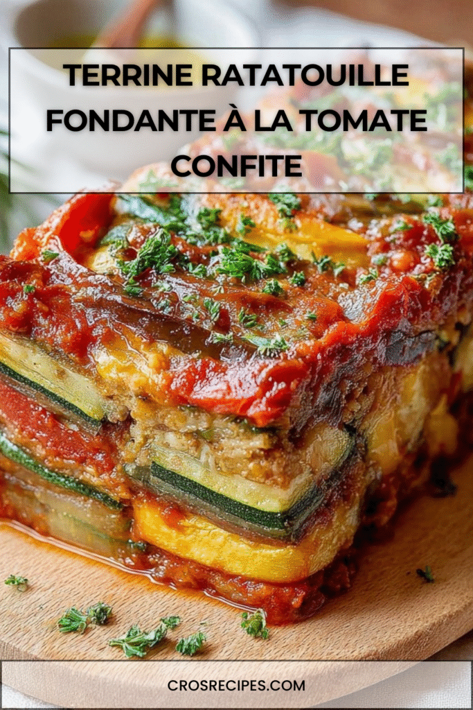 Terrine de ratatouille fondante avec courgettes, aubergines et tomate confite, servie en tranches.