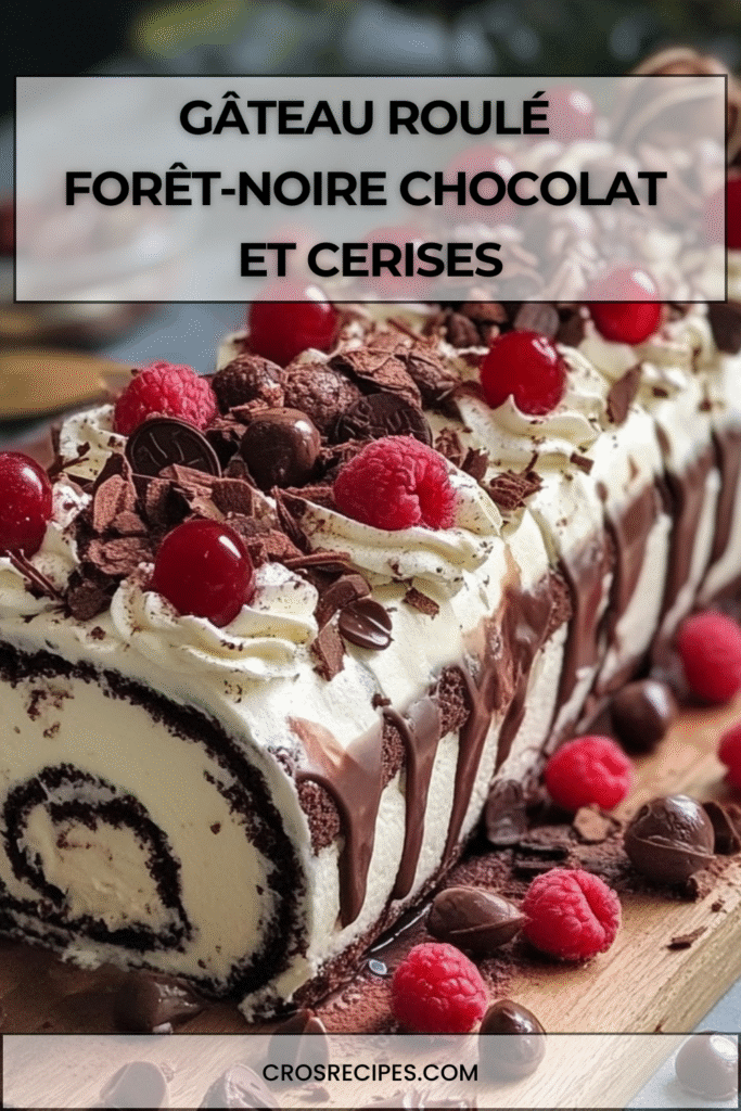 Gâteau roulé Forêt-Noire garni de chantilly, cerises et copeaux de chocolat.