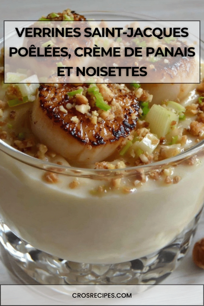 Verrines gastronomiques de Saint-Jacques poêlées posées sur une crème de panais, décorées de noisettes et oignon nouveau.