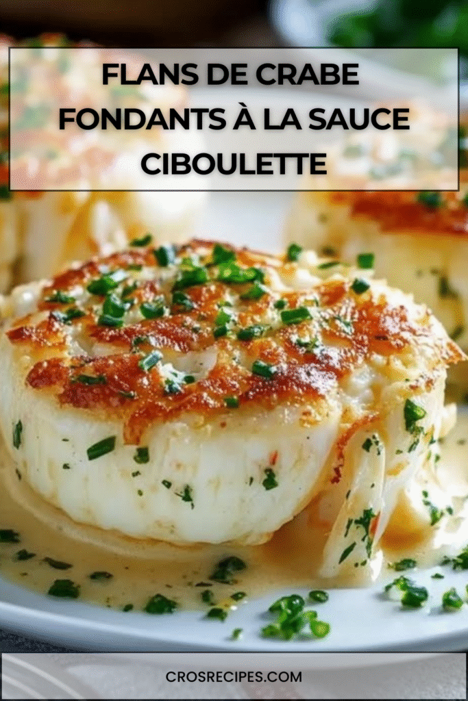 Flans de crabe individuels nappés de sauce crémeuse à la ciboulette dans une assiette élégante.