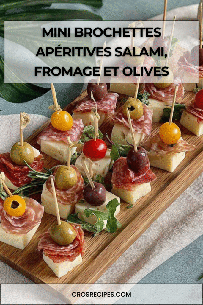 Mini brochettes apéritives composées de fromage, salami, olives et tomates cerises sur un plateau en bois.