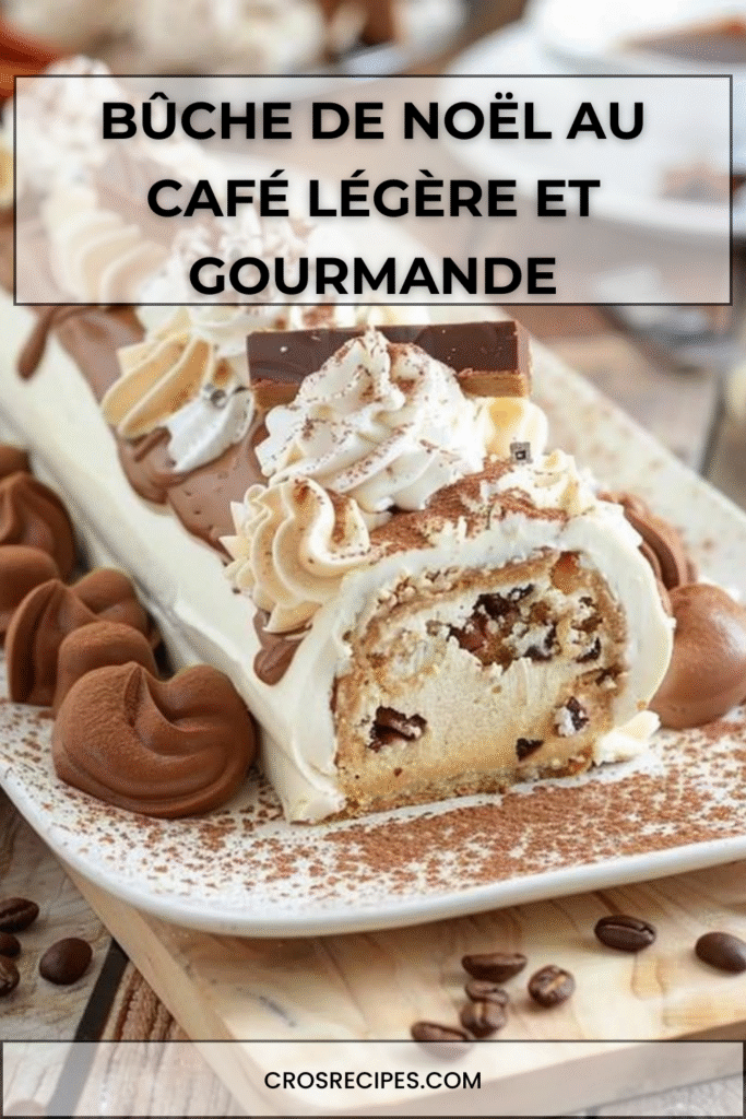 Bûche de Noël roulée au café, décorée de cacao et grains de café.