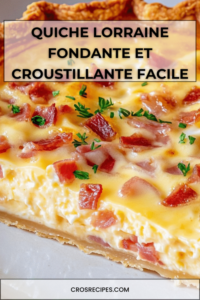 Quiche Lorraine dorée et fondante, coupée en parts, avec lardons et fromage dans une pâte croustillante.
