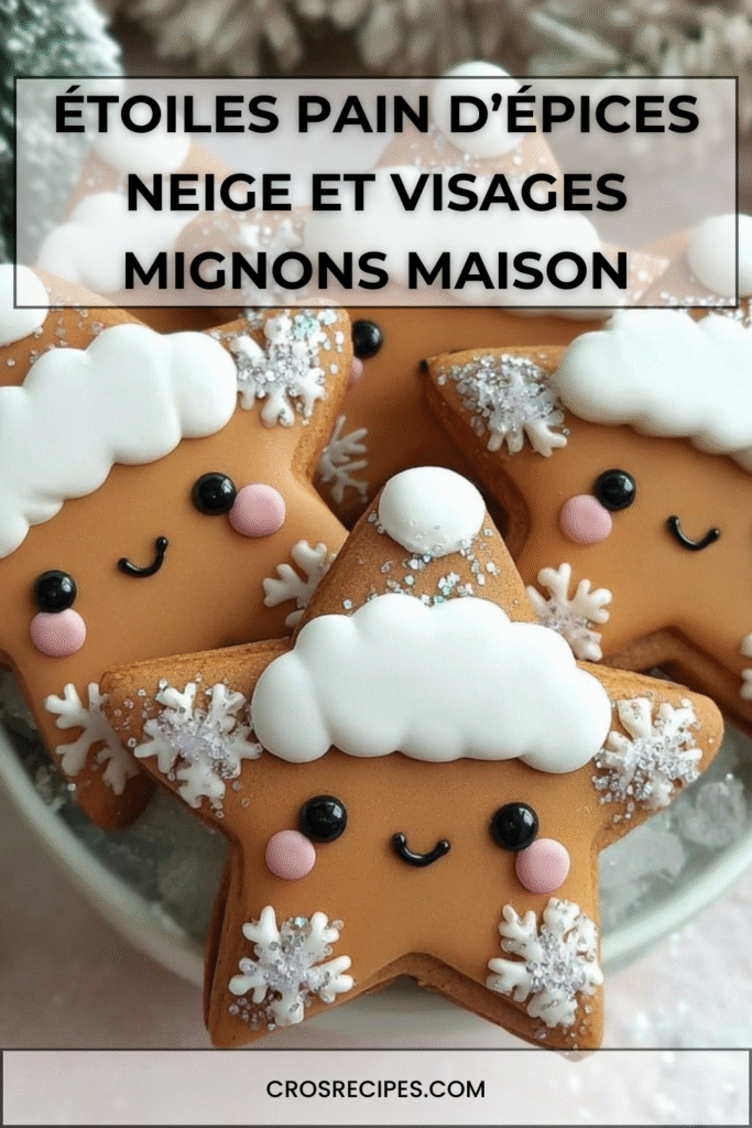 Biscuits étoiles en pain d’épices décorés de bonnets neige blancs et de petits visages souriants avec paillettes hivernales.