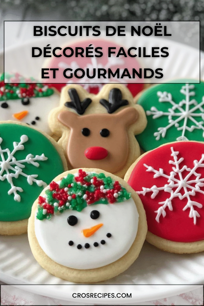 Biscuits de Noël décorés avec glaçage coloré en flocons, rennes et bonhommes de neige, prêts à être dégustés.