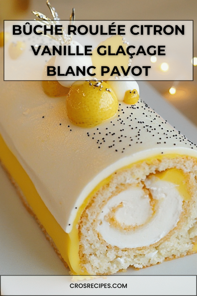 Bûche roulée citron–vanille nappée d’un glaçage blanc brillant, décorée de graines de pavot et segments de citron.