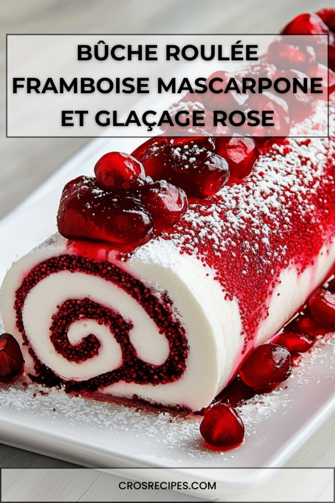 Bûche roulée à la framboise nappée d’un glaçage rose, décorée de framboises fraîches et biscuits émiettés.