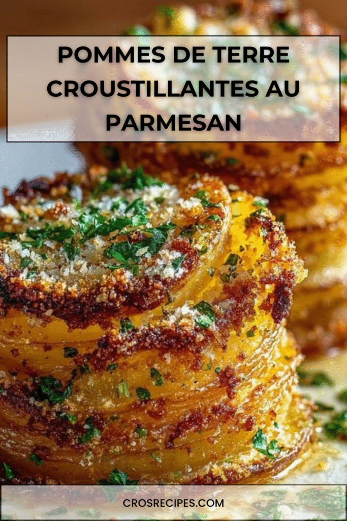 Pommes de terre au four croustillantes au parmesan, dorées et empilées, parsemées de persil frais.