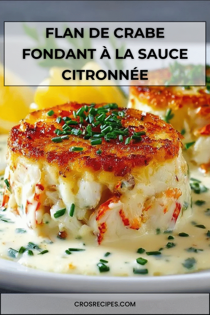 Flan de crabe fondant nappé de sauce citronnée, servi en entrée élégante avec ciboulette fraîche.