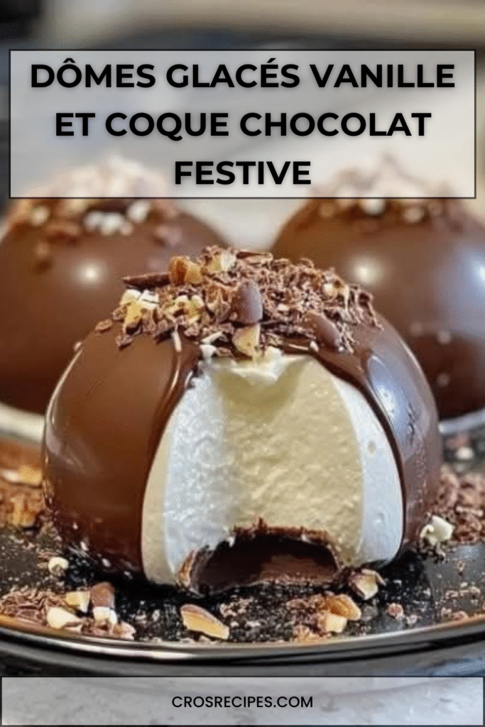 Dômes glacés à la vanille recouverts d’une coque en chocolat brillant, décorés d’éclats de fruits secs.