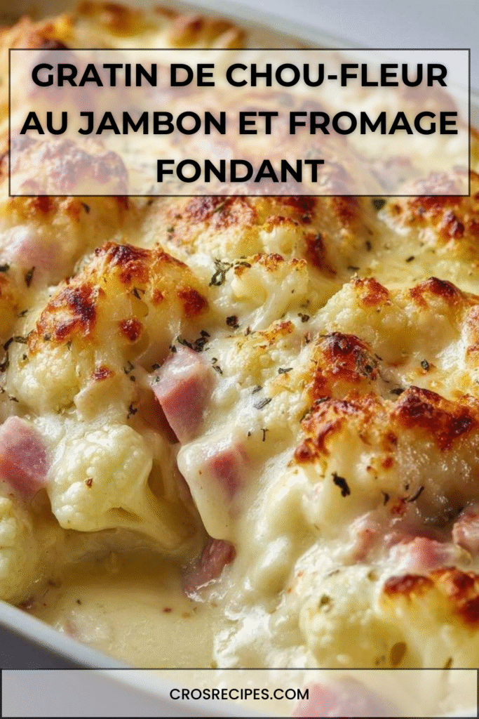 Gratin de chou-fleur au jambon et fromage doré au four, servi dans un plat familial.