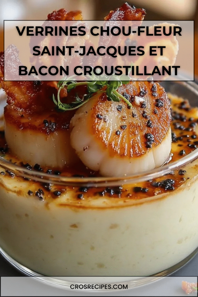 Verrines de crème de chou-fleur onctueuse garnies de noix de Saint-Jacques dorées et de bacon croustillant.